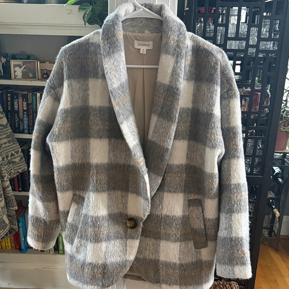 Evereve Gray and Cream Plaid Shawl Collar Pea Coat